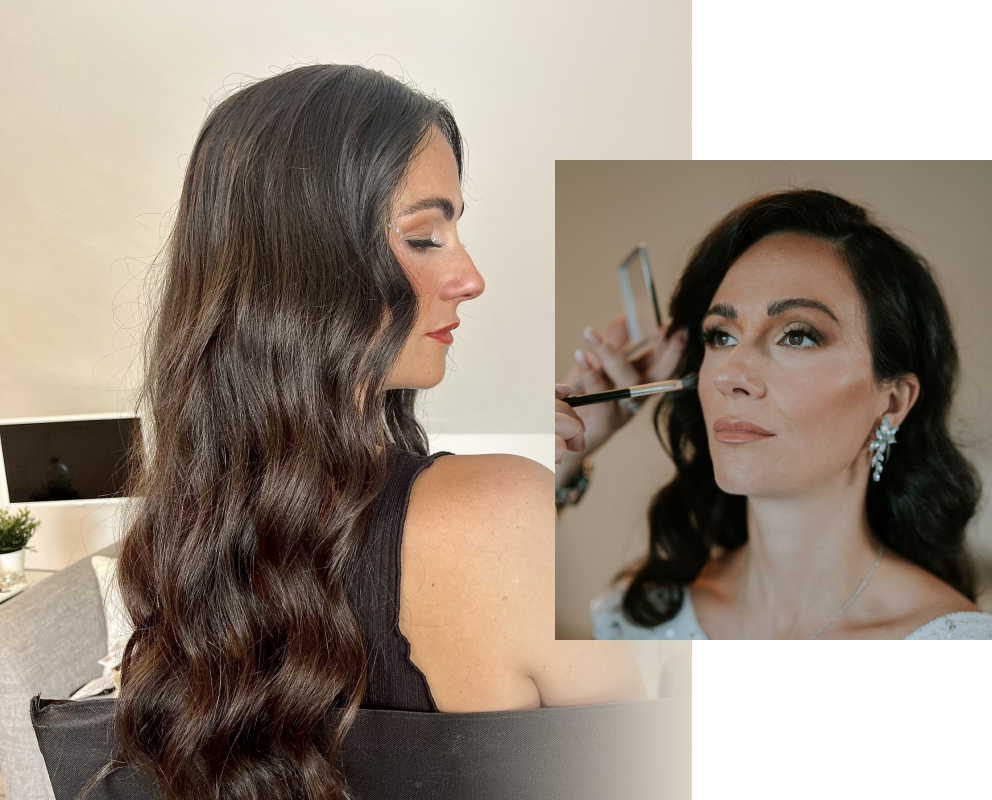 Collage with side view of long wavey hair and a close up of a bride having makeup applied.