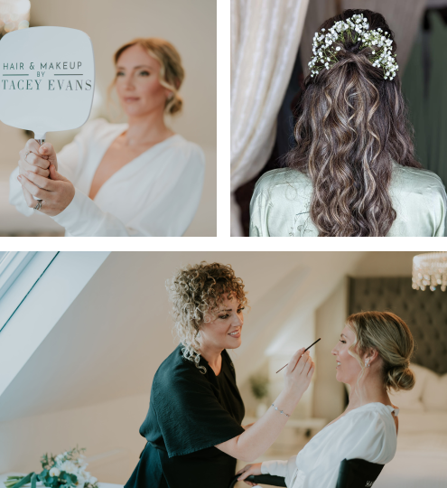 Photo collage top left clockwise: bride looking into handheld mirror, back of bridal hair with flowers, action shot of Stacey Evans applying make up to bride.